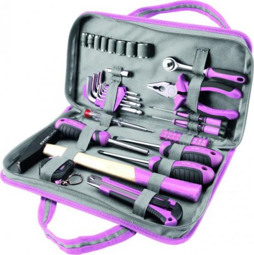 Extol Lady szerszámkészlet, 39db, 1/4", rózsaszín, 8 dugófej (5-14mm), fogó, kalapács, BIT-ek