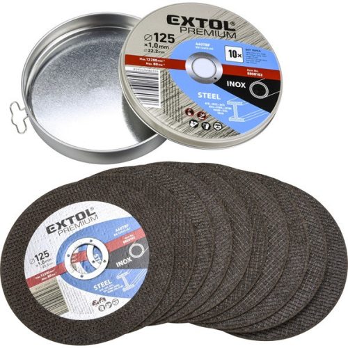 Extol Premium vágókorong 10 db, acélhoz/inoxhoz, kék; 125×1×22,2mm, max 12200 ford/perc, fémdobozban