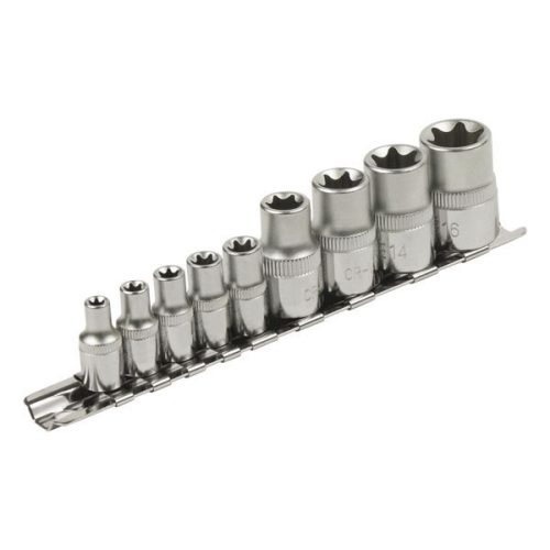 Extol Premium dugófej klt., E-TORX; 1/4"×5db (E5-E6-E7-E8-E10), 1/2"×4db, (E12-E14-E16-E18), tartó sínen