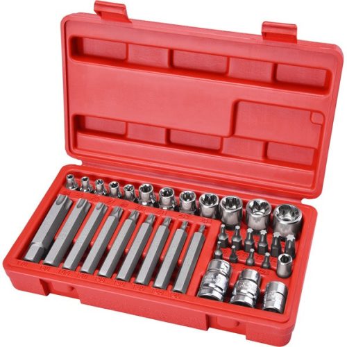 Extol Premium BIT és dugókulcs klt. 35 db TORX, 1/4"+8mm+10mm+12mm BIT-ek, 1/4"+3/8" dugófejek, adapterek C.V. acél, műanyag dobozban