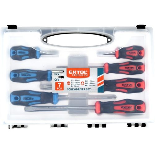 Extol Premium csavarhúzó készlet, 7db 5,5×38, 5,5×100, 6,5×125mm, 8×150mm, PH1×75, PH2×38, PH2×125
