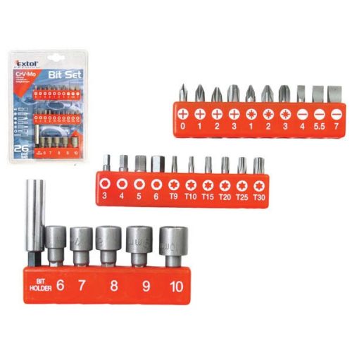 Extol Premium bit készlet 26db CV.-Mo PH,PZ,lapos,torx, hexagonális, mágn. bittartó, dugókulcsok