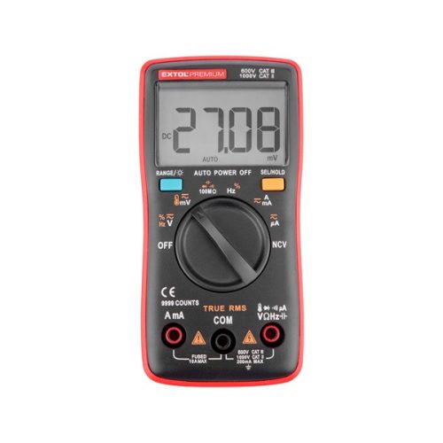 Extol Premium digitális multiméter Amper/Volt/Ohm mérő, True RMS, CE, 2 db 1,5V AA elem