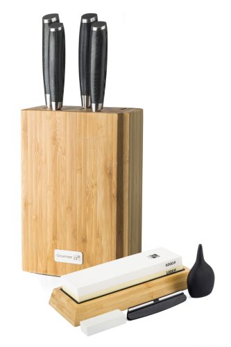 Gourmet Damascus késkészlet 4 részes, bambusz blokkban, csiszolókővel