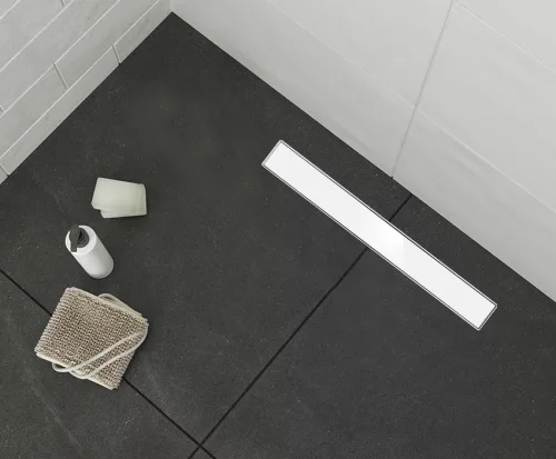 Fala zuhanylefolyó 600 mm Fehér üvegbetétes inox