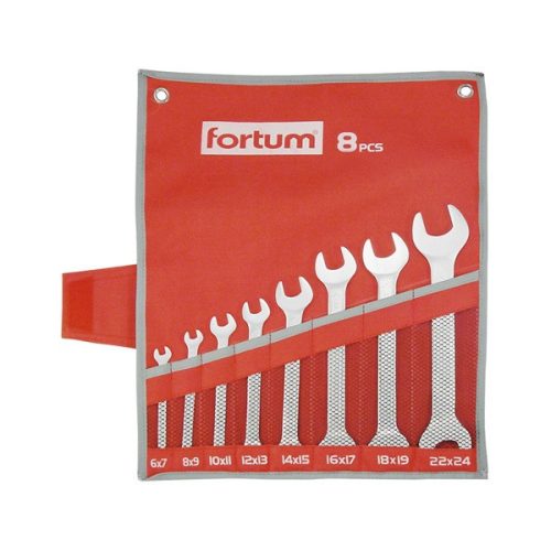 Fortum villás kulcs klt. 8db 6-24mm, 61CrV5, mattkróm; 6×7, 8×9, 10×11, 12×13, 14×15, 16×17, 18×19, 22×24mm, vászon tok FORTUM