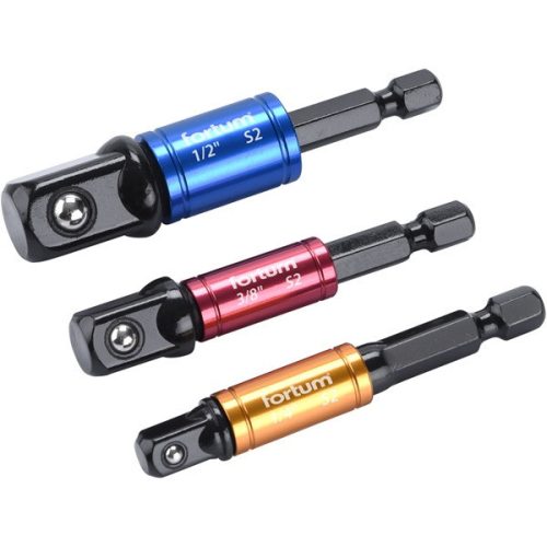 Fortum dugókulcs adapter készlet 3db 1/4" - 3/8" - 1/2" dugófejekhez, fúrógépbe 1/4" hatszög