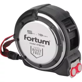 Fortum mérőszalag, 1 stoppos, ütésálló, rozsdamentes acél ház, gumírozott 5m×19mm