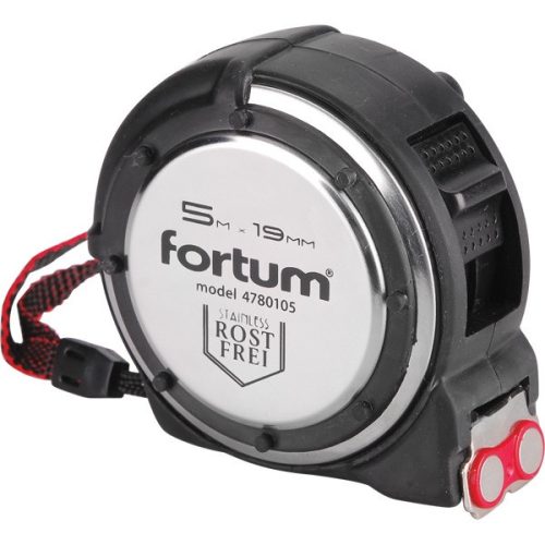 Fortum mérőszalag, 1 stoppos, ütésálló, rozsdamentes acél ház, gumírozott 5m×19mm