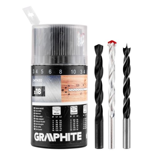 Graphite fúrószár készlet fémhez, fához, téglához: 3, 4, 5, 6, 8, 10 mm, 18 db