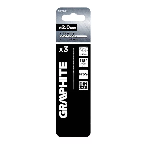 Graphite HSS fém fúrószár, DIN 338, 2 mm, 3 db