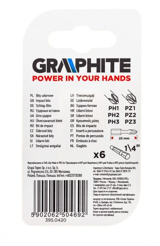 Graphite torziós ütvecsavarozó bit PH1/2/3, PZ1/2/3x25 mm, 6 részes