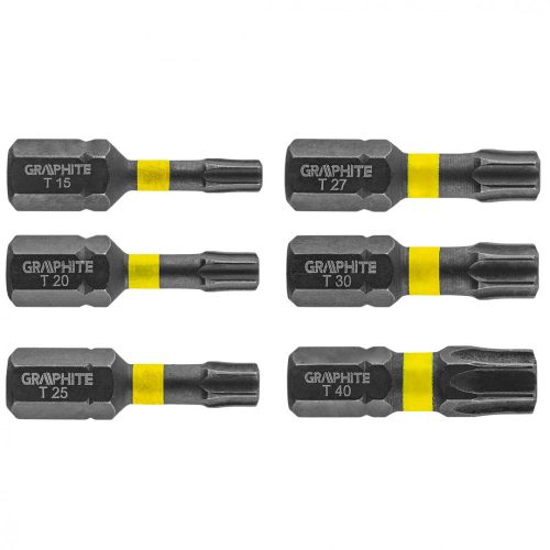 Graphite torziós ütvecsavarozó bit T10/15/20/25/30/40x25 mm, 6 részes