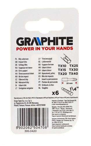 Graphite torziós ütvecsavarozó bit T10/15/20/25/30/40x25 mm, 6 részes