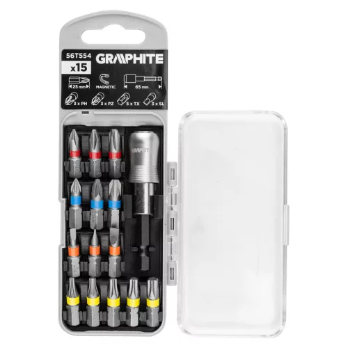 Graphite csavarhúzó bitkészlet 25mm, mágneses szárral, műanyag tokban, 15db