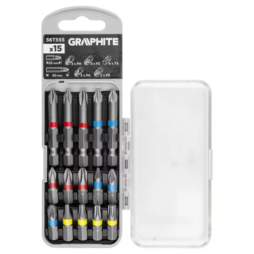 Graphite csavarhúzó bitkészlet 25/50mm, műanyag tokban, 15db