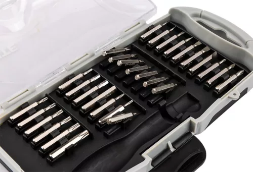 Graphite bitfejes csavarhúzó készlet 100mm-es racsnis szárral, műanyag tokban, 31db