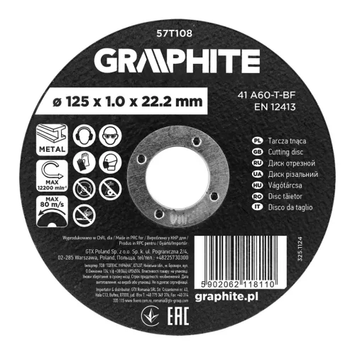 Graphite vágókorong fémhez, alumínium oxid 125x1x22,2 41 A60-T-BF