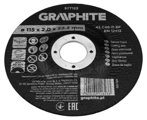 Graphite vágókorong kőhöz, korund süllyesztett furattal 115x2x22,2 42 C46-R-BF