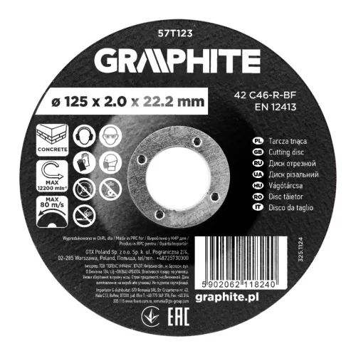 Graphite vágókorong kőhöz, korund süllyesztett furattal 125x2x22,2 42 C46-R-BF