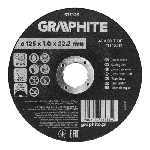 Graphite vágókorong fémhez, korund 125x1x22,2 INOX 41 A60-T-BF, 110db