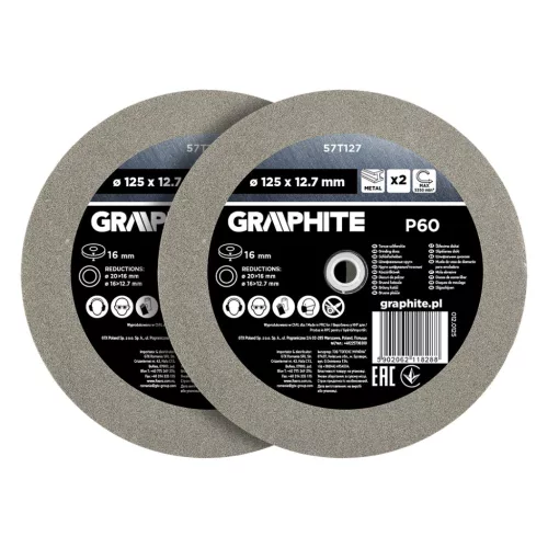 Graphite köszörűkorong asztali köszörűhöz, P60, 125x12,7mm, 20/16/12,7mm redukálógyűrűkkel, 2db