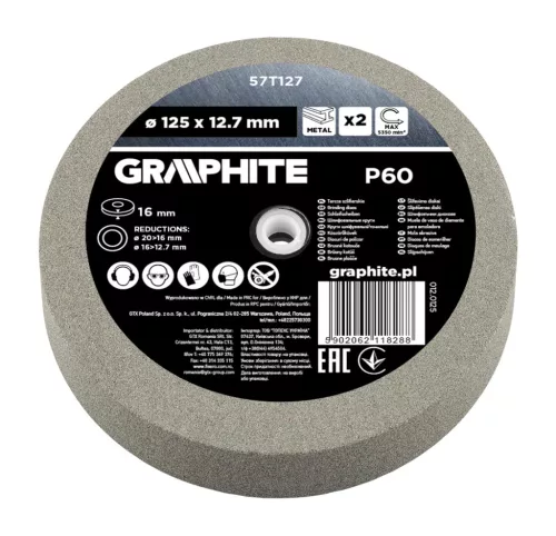 Graphite köszörűkorong asztali köszörűhöz, P60, 125x12,7mm, 20/16/12,7mm redukálógyűrűkkel, 2db