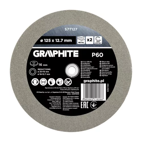 Graphite köszörűkorong asztali köszörűhöz, P60, 125x12,7mm, 20/16/12,7mm redukálógyűrűkkel, 2db