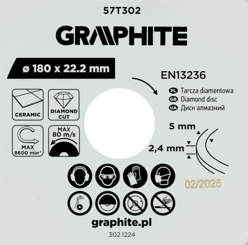 Graphite gyémánt vágókorong, 180 x 22,2 mm, nedves