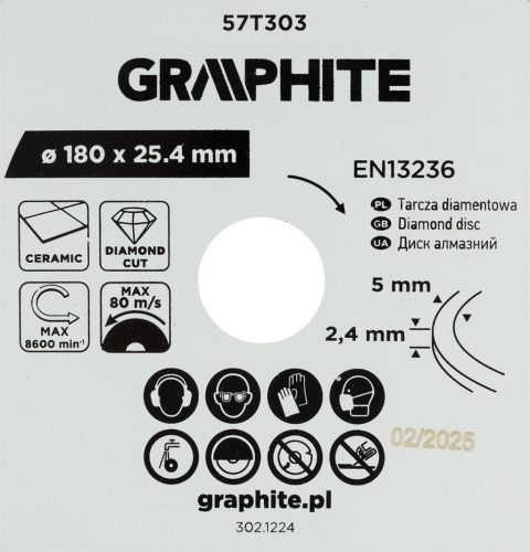 Graphite gyémánt vágókorong, 180 x 25,4 mm, nedves