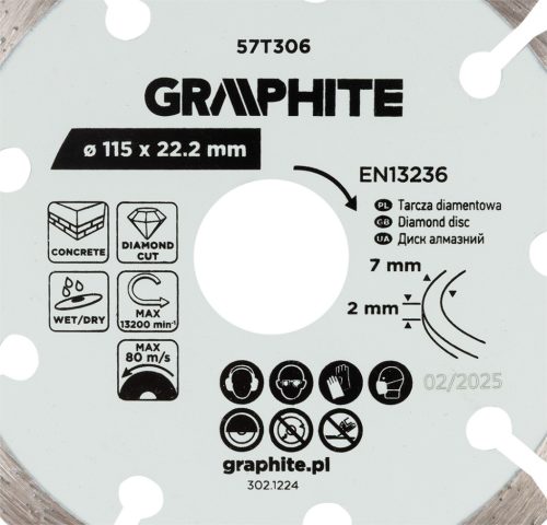 Graphite gyémánt vágókorong, szegmentált, 115 x 22,2 mm, száraz és nedves vágás