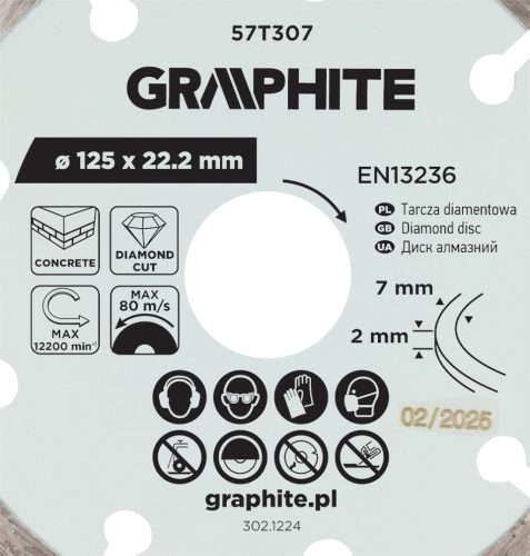 Graphite gyémánt vágókorong, szegmentált, 125 x 22,2 mm, száraz