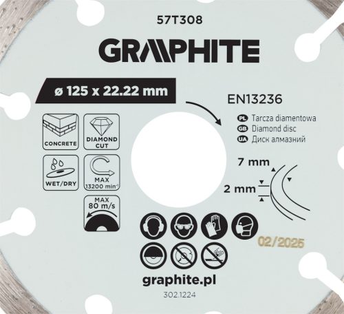 Graphite gyémánt vágókorong, szegmentált, 125 x 22,2 mm, száraz és nedves vágás