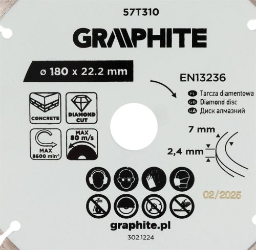 Graphite gyémánt vágókorong, szegmentált, 180 x 22,2 mm, száraz