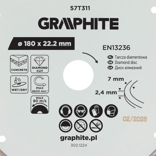 Graphite gyémánt vágókorong, szegmentált, 180 x 22,2 mm, száraz és nedves vágás