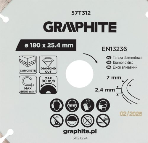 Graphite gyémánt vágókorong, szegmentált, 180 x 25,4 mm, száraz