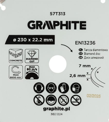 Graphite gyémánt vágókorong, szegmentált, 230 x 22,2 mm, száraz