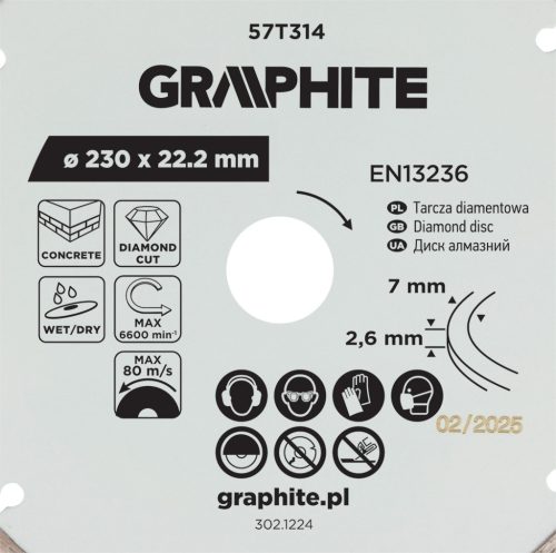 Graphite gyémánt vágókorong, szegmentált, 230 x 22,2 mm, száraz és nedves vágás