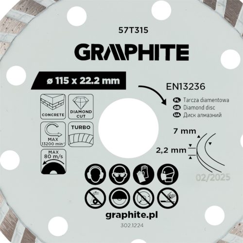 Graphite turbó gyémánt vágókorong, 115 x 22,22 mm, száraz
