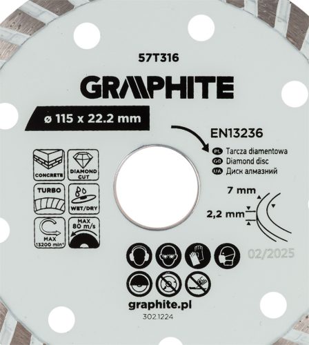 Graphite turbó gyémánt vágókorong, 115 x 22,22 mm, száraz és nedves vágásra
