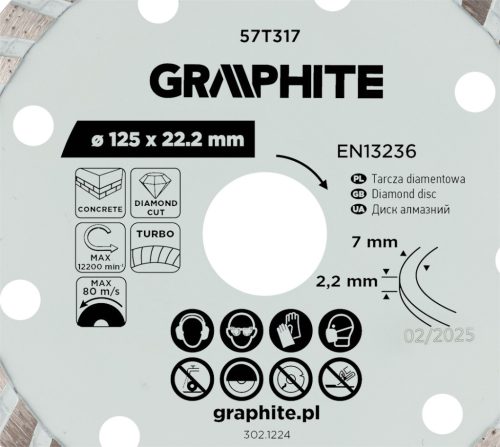 Graphite turbó gyémánt vágókorong, 125 x 22,22 mm, száraz