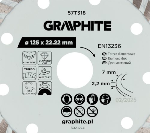 Graphite turbó gyémánt vágókorong, 125 x 22,22 mm, száraz és nedves vágás