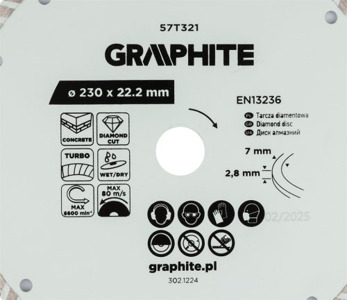 Graphite turbó gyémánt vágókorong, 230 x 22,22 mm, száraz és nedves vágásra
