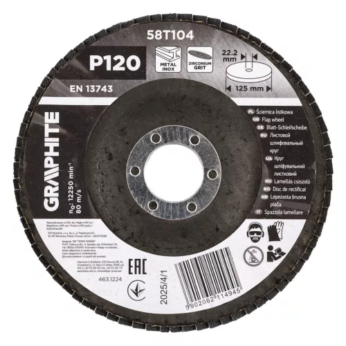 Graphite csiszolókorong lamellás 125x22,2mm, P120 inox, fém, fa