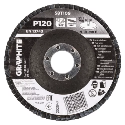 Graphite csiszolókorong lamellás 115x22,2mm, P120 inox, fém, fa