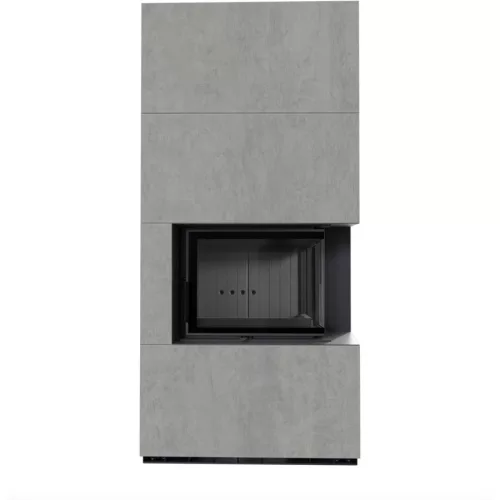Kratki kandalló kő burkolattal jobbos fekete belsővel floki box 8 kw cemento grigio