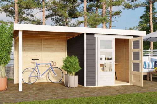 Karibu fából készült kerti ház Askola 3 + egy menedéket 240 cm beleértve a hátsó falat is (9171) terragrau
