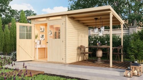 Karibu fából készült kerti ház Glucksburg 3 + egy menedéket 190 cm (83231) natur