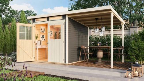 Karibu fából készült kerti ház Karibu Glucksburg 3 + egy menedéket 190 cm (68769) terragrau