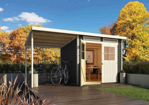 Karibu fából készült kerti ház Glucksburg 4 + egy menedéket 190 cm (83233) terragrau